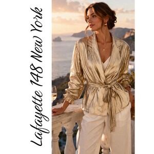Lafayette 148 Gold Metallic Wrap Jacket Belted Blazer Size P Glam Resortwear